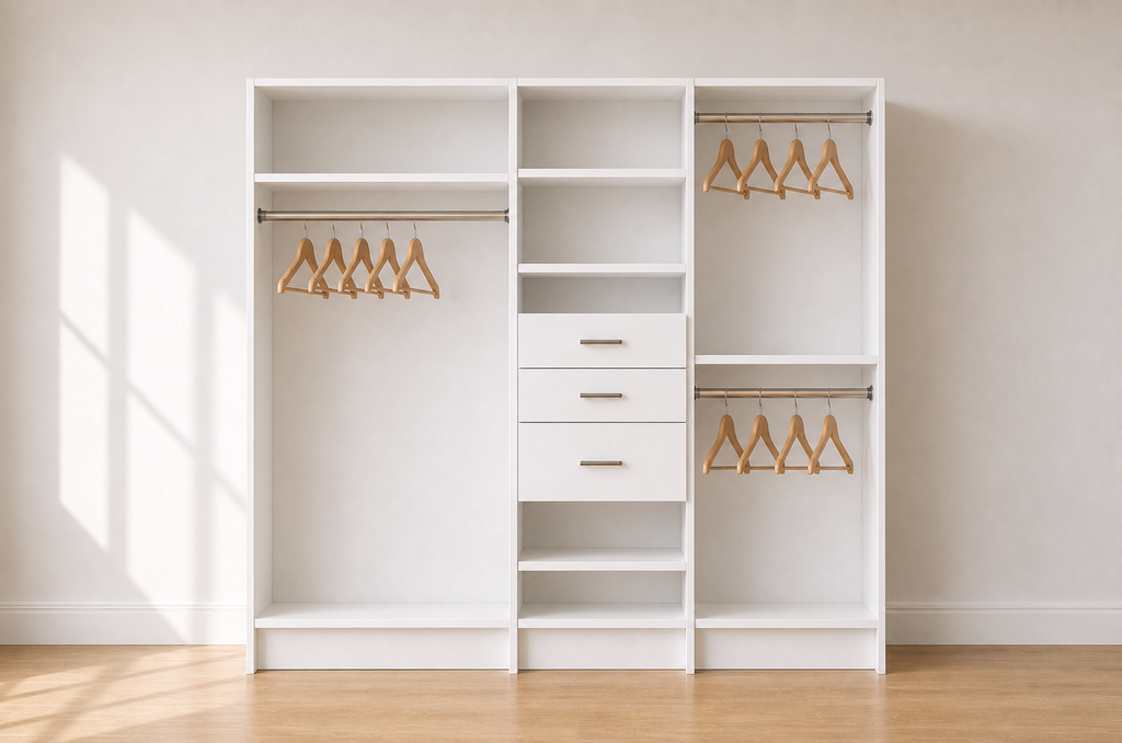 Long Hang (30''W) + Shelves & 3 Drawers (24''W) + Double Hang (24''W) Triple Tower Closet – 81"W × 84"H × 14"D