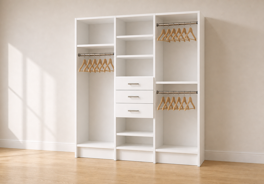 Triple-tower closet wall for spaces 61 inches and wider