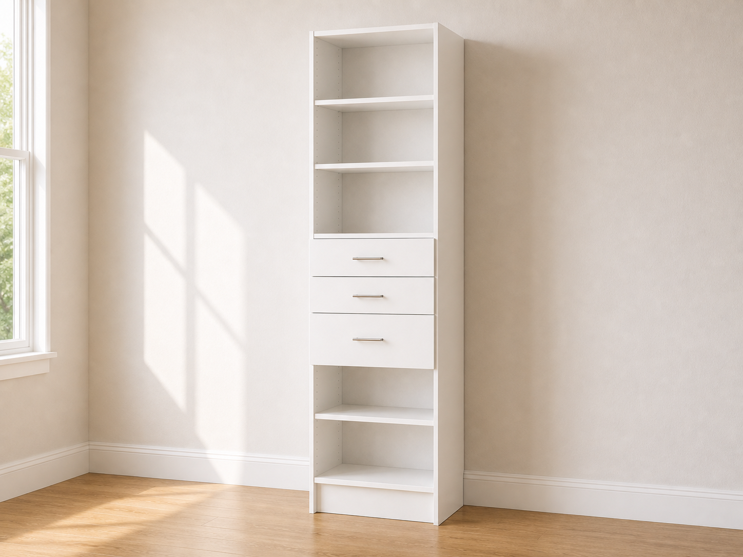 Shelves & 3 Drawer Tower – 26"W × 84"H × 14"D