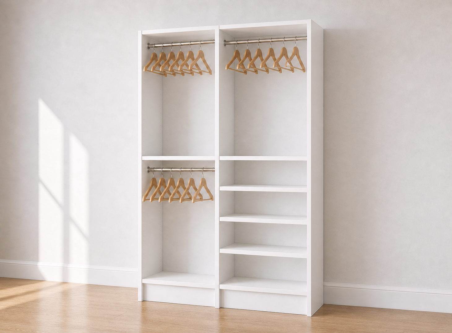 Double Hang + Hang & Shelves (30") Double Tower Closet – 57"W × 84"H × 14"D | White