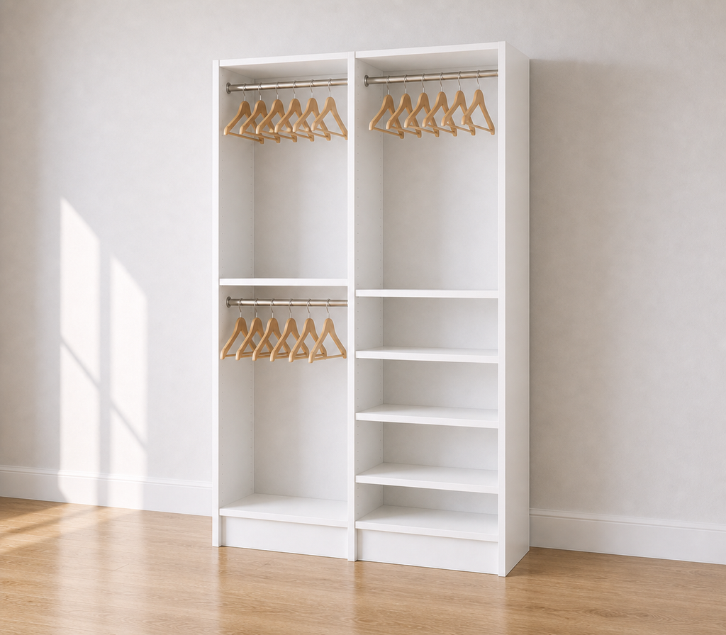 Double Hang + Hang & Shelves (30") Double Tower Closet – 57"W × 96"H × 14"D | White