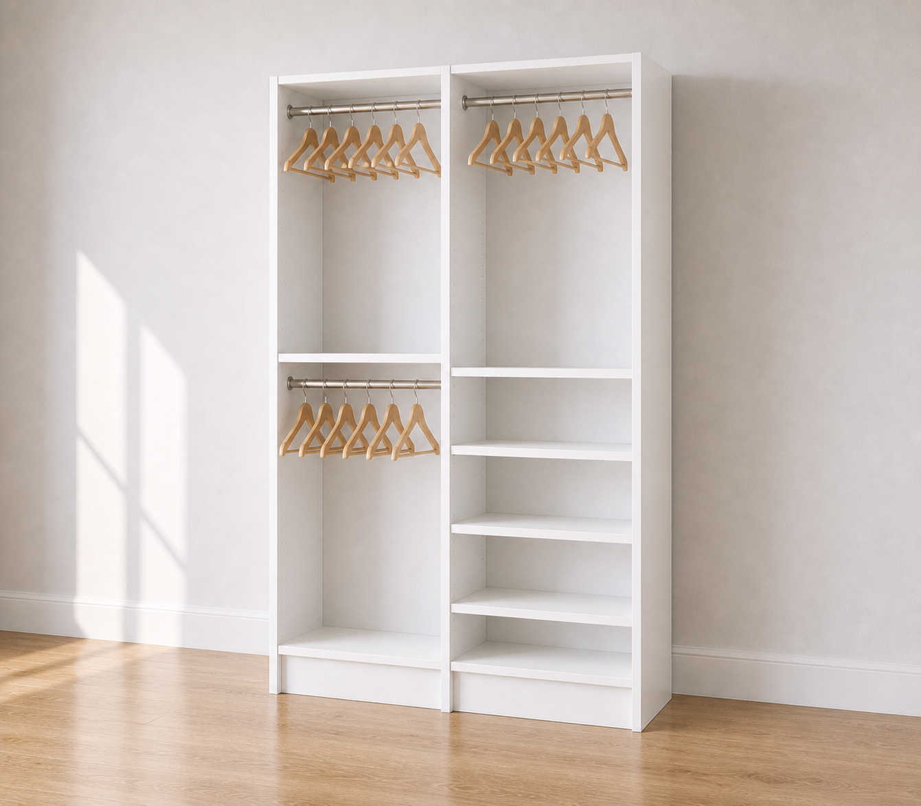 Double Hang + Hang & Shelves (30") Double Tower Closet – 57"W × 96"H × 14"D | White