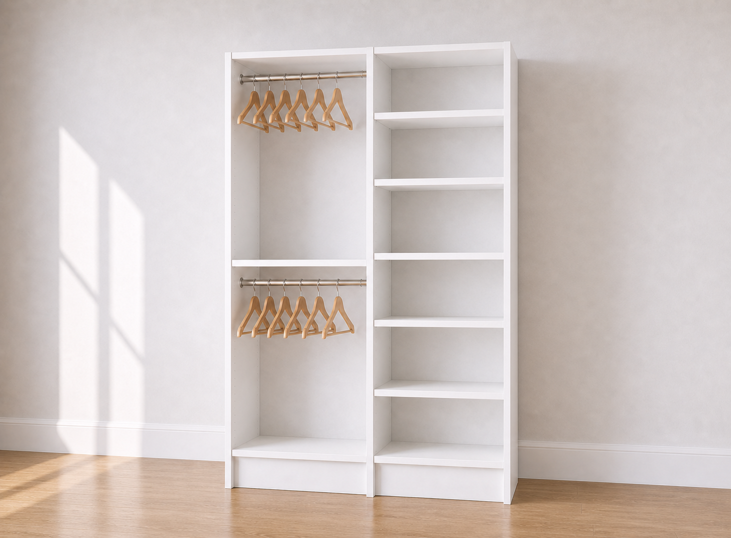 Double Hang + 7-Shelf Double Tower Closet – 51"W × 84"H × 14"D | White