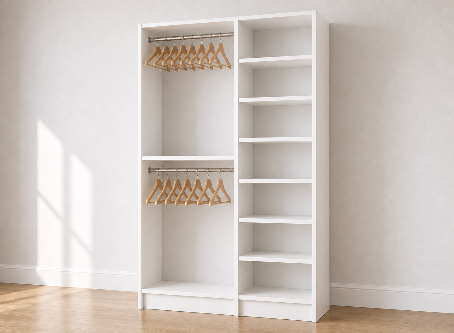 Double Hang (24''W) + 7-Shelf (18''W) Double Tower Closet – 45"W × 84"H × 14"D