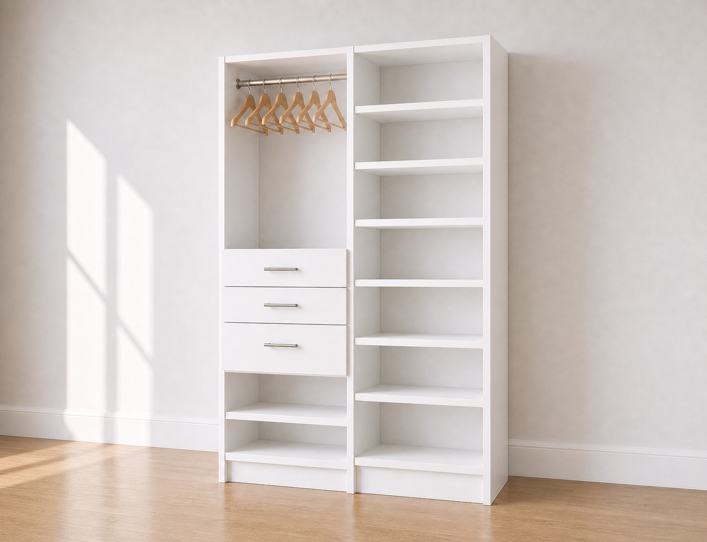 Hang & Drawers + 7-Shelf Double Tower Closet – 51"W × 84"H × 14"D | White