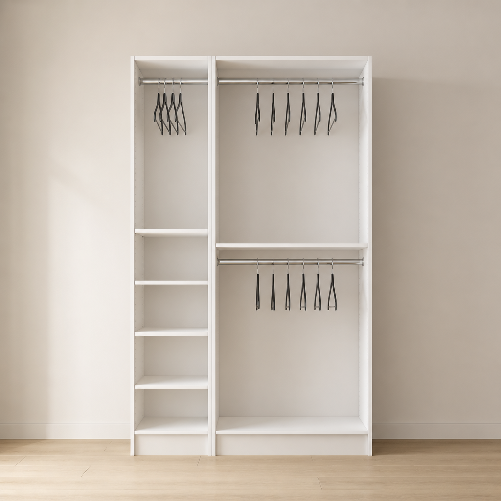 Hang & Shelves (18″) + Double Hang (30″) Closet System – 51″ Wide x 84″ High