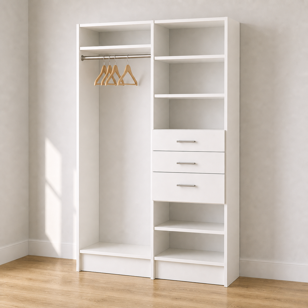 Long Hang + Shelves & Drawers Double Tower Closet – 51"W × 84"H × 14"D | White