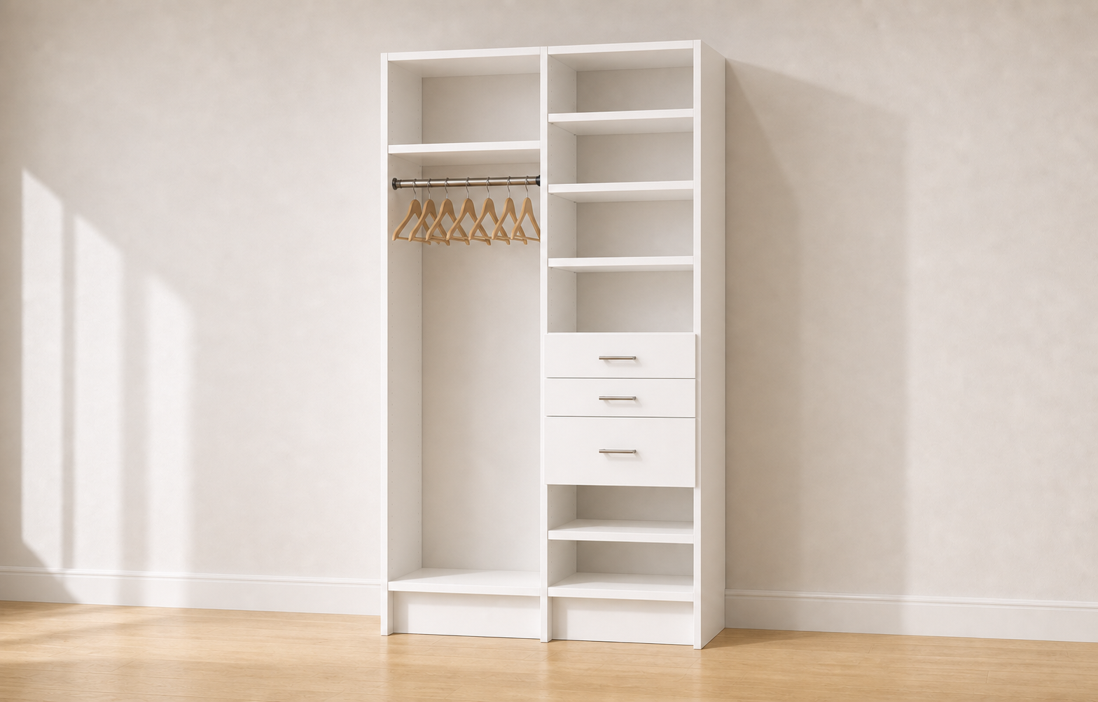 Long Hang + Shelves & Drawers Double Tower Closet – 51"W × 96"H × 14"D | White