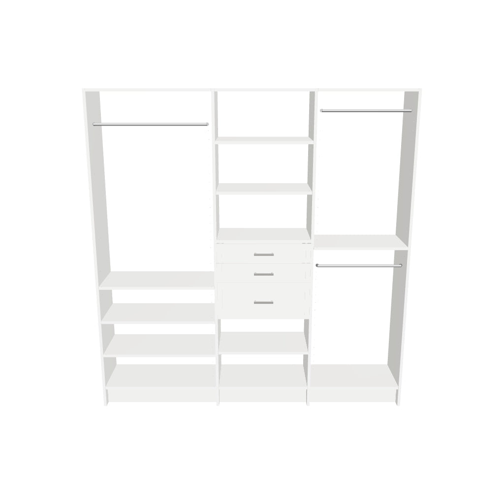 Long Hang (30''W) + Shelves & 3 Drawers (24''W) + Double Hang (24''W) Triple Tower Closet – 81"W × 84"H × 14"D