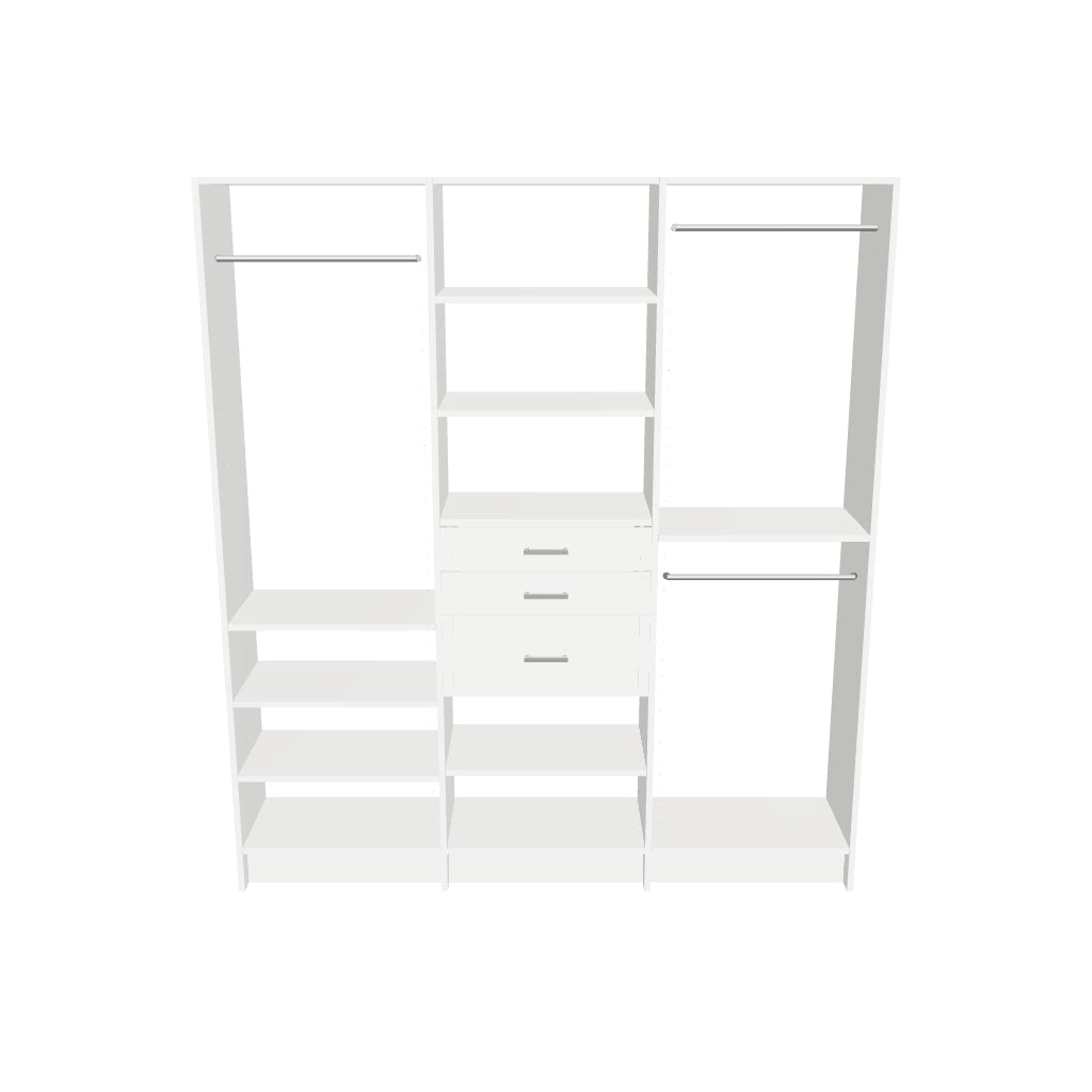 Hang & Shelves (24''W) + Shelves & 3 Drawers (24''W) + Double Hang (24''W) Triple Tower Closet – 75"W × 84"H × 14"D