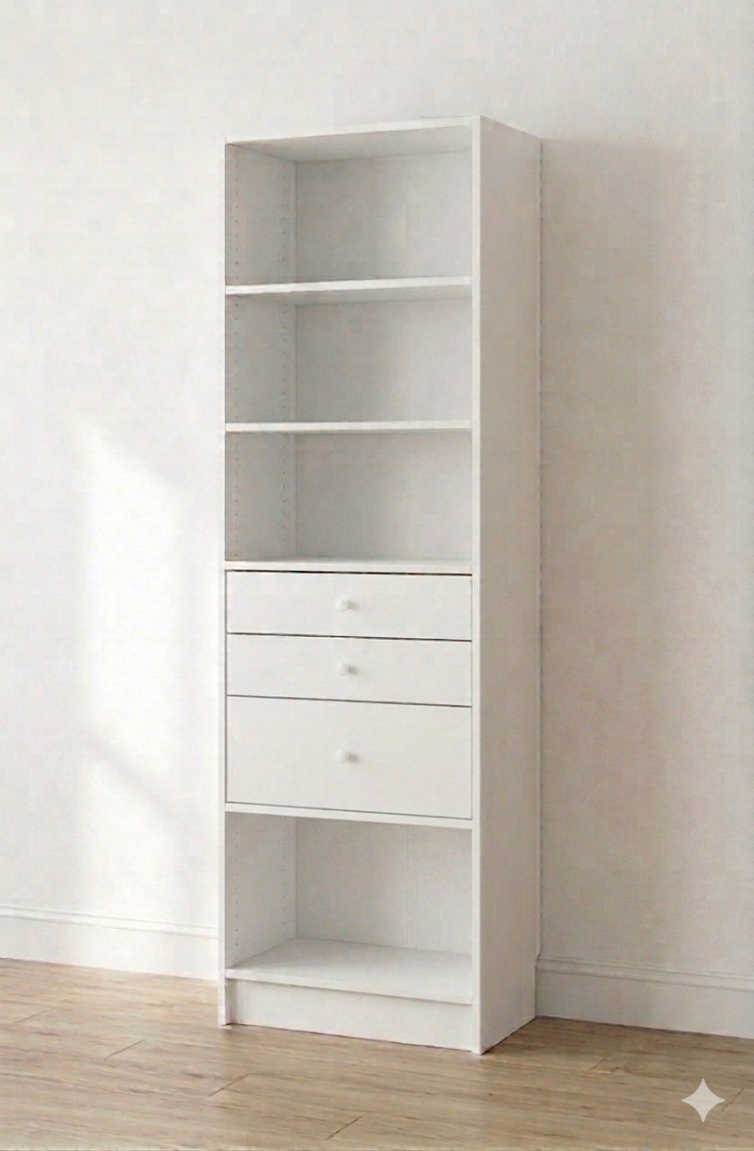 Shelves & 3 Drawer Tower – 26"W × 84"H × 14"D | White