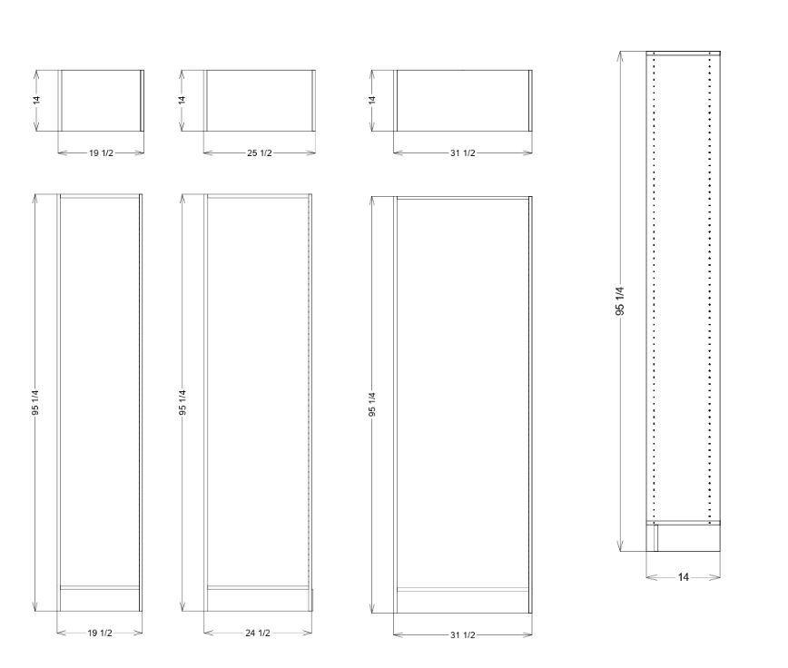 Technical diagram showing 3/4 inch panel thickness and dimensions of a Closets Warehouse closet tower